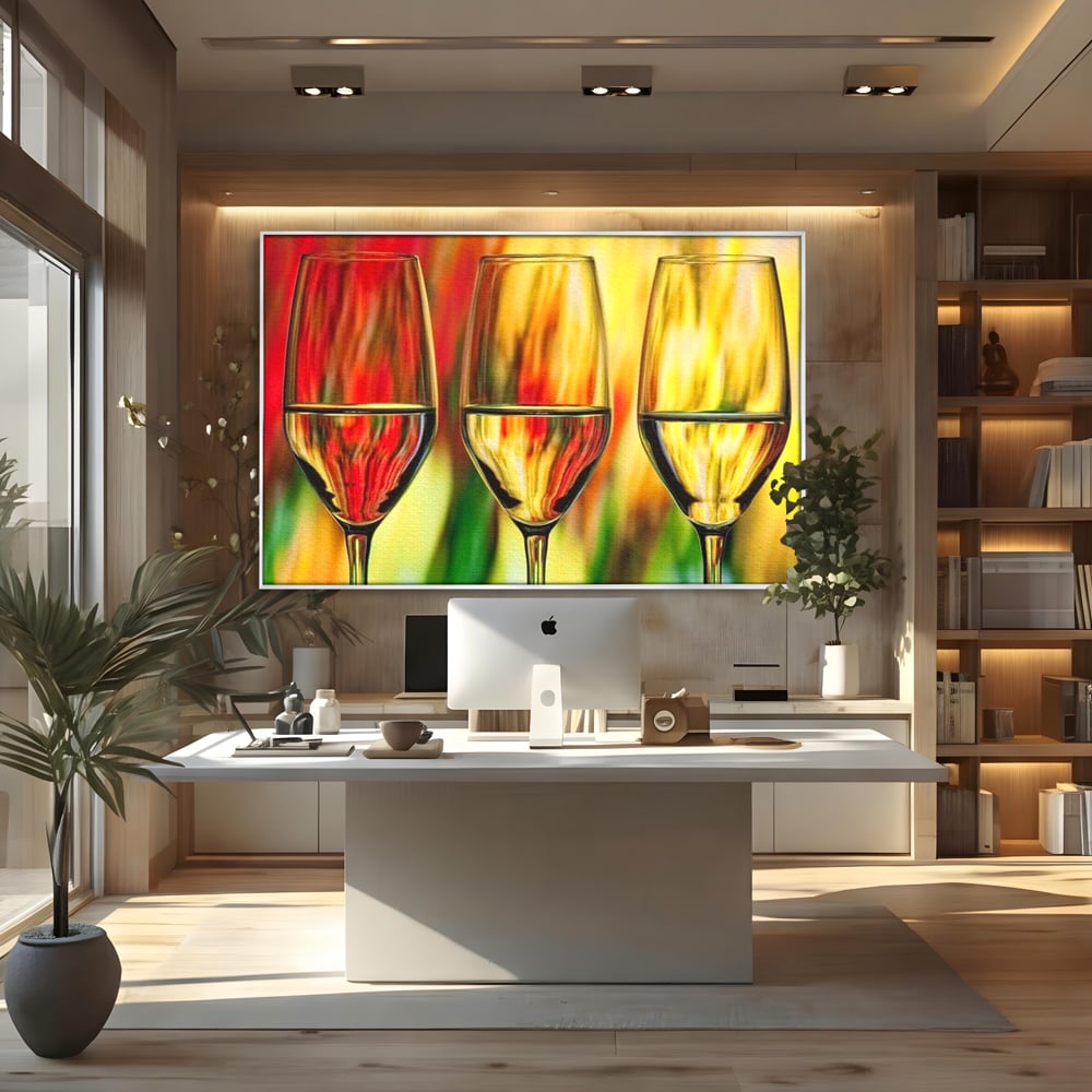 Tablou canvas cu pictura abstracta cu trei pahare de vin, in rama de aluminiu argintiu, pe perete intr-un birou